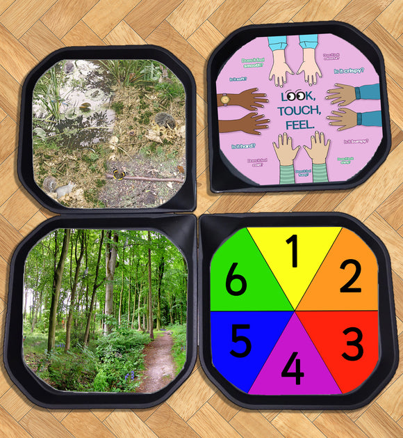 Fun2 Messy trays x 4 with 4 inserts - Pond, look touch & feel, a path through the forest and 1-6 number.