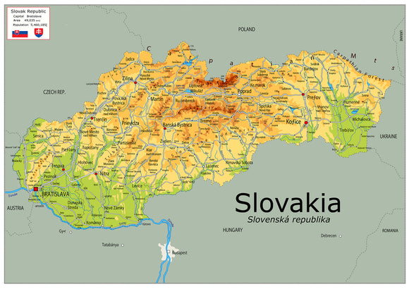 Physical Map of Slovakia - The Oxford Collection - Paper Laminated