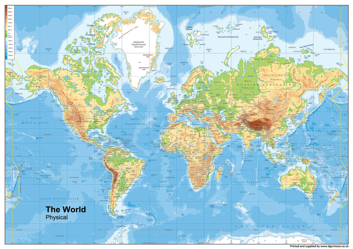 World Physical Map – Tiger Moon