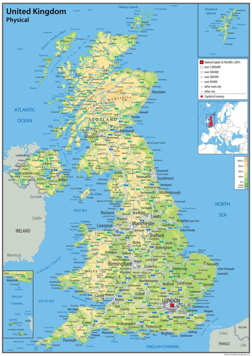 United Kingdom Physical Map – Tiger Moon