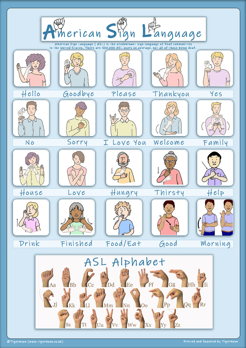 American Sign Language Poster- 20 Basic signs and Alphabet – Tiger Moon